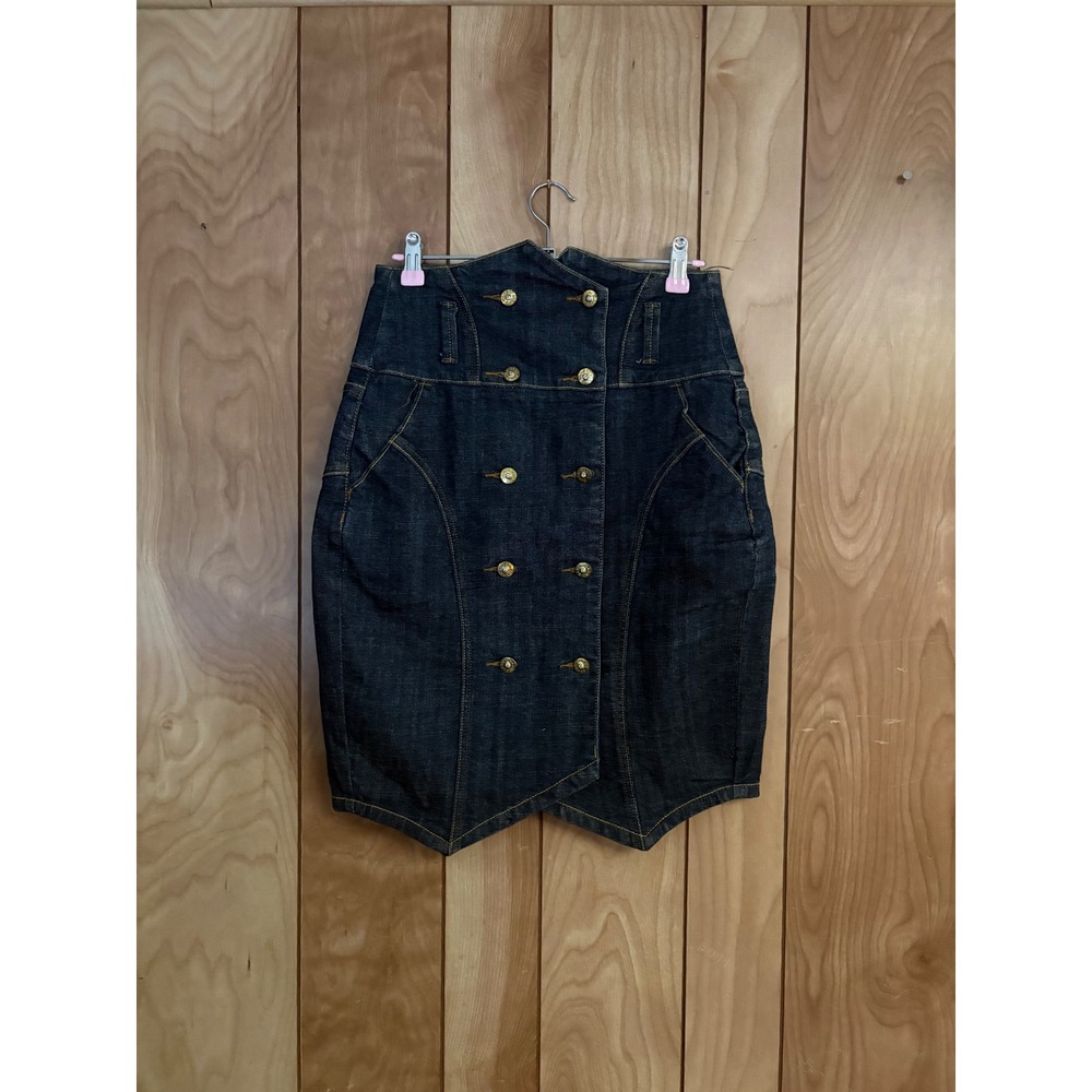 Clash Jeans High Waisted Denim Skirt Double Breasted Gold Button Y2K Dark Wash M